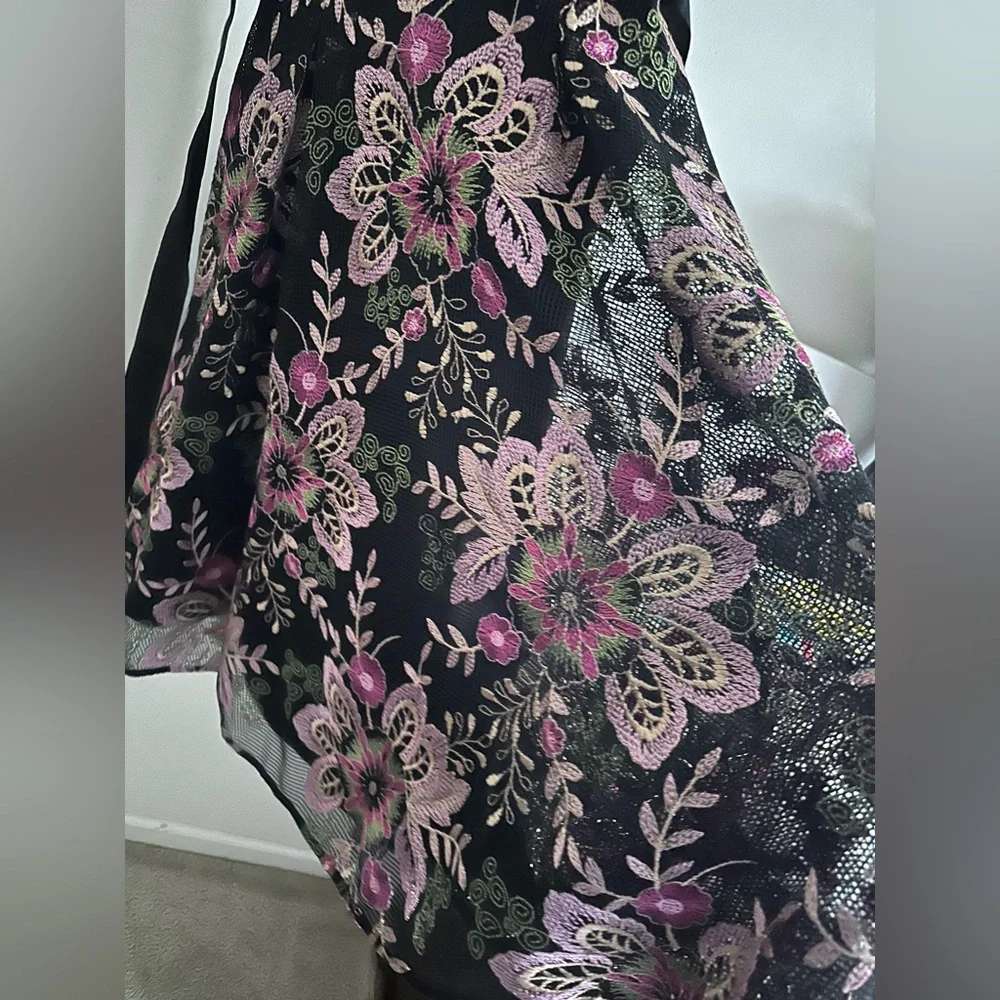 Tahari ARTHUR S.LEVINE boho Floral Embroidered Mesh Lace Tie Cocktail Dress SZ 2 - Picture 5 of 11
